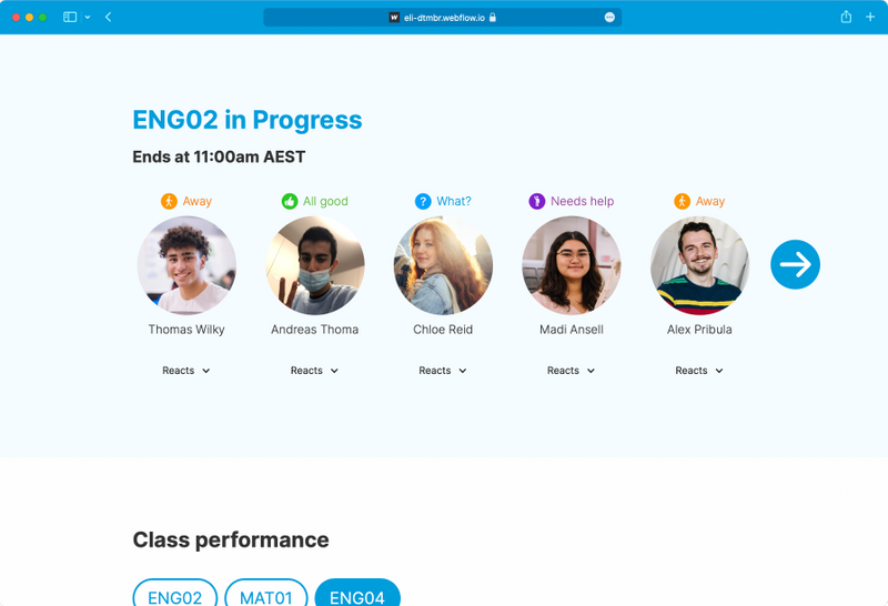 Teacher dashboard showing student reactions